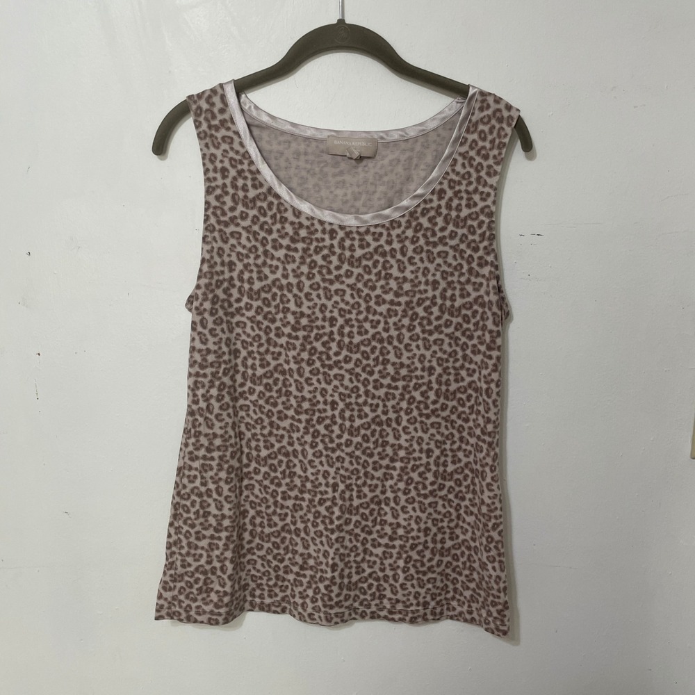 Banana Republic‎ Luxe Touch Leopard Print Tank Top Brown Taupe Satin Trim Large